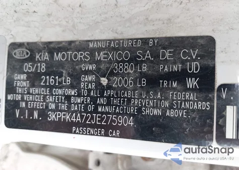 2018 Kia Forte Lx z USA, uszkodzony, nr VIN 3KPFK4A72JE275904